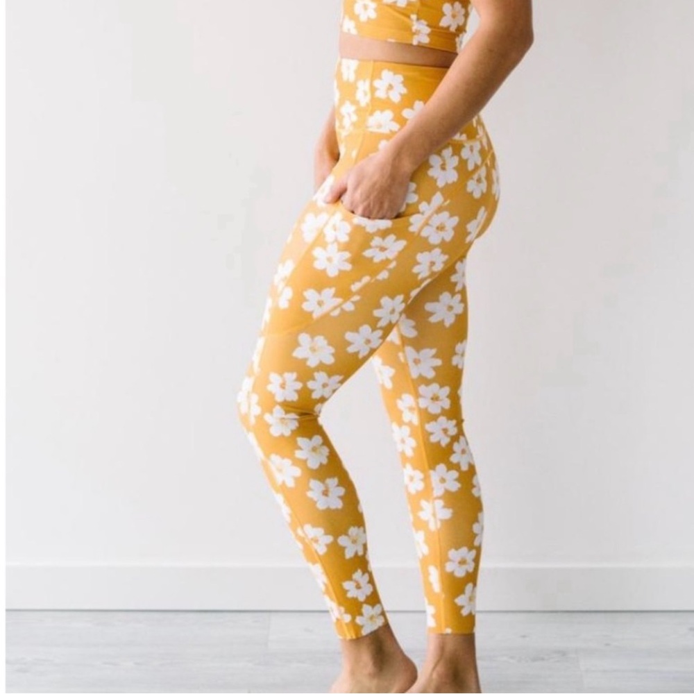 Maven Thread Floral Leggings L Yellow White High Waist Pocket